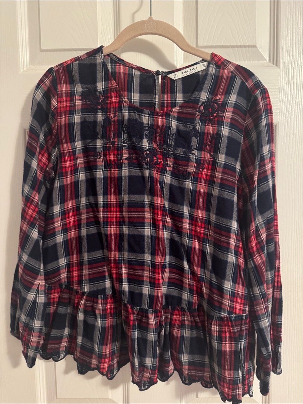 Zara Red & Navy Plaid Peplum Blouse